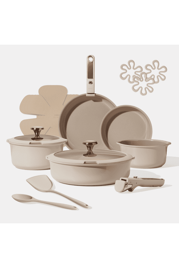 18 Pcs Ceramic Cookware Sets, Nonstick Pots and Pans with Detachable Handles, Oven Safe, Induction Cookware, Stackable Kitchen Set, Taupe