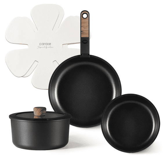 Carote 8 Pcs Nonstick Cookware Sets, Pots and Pans Set with Detachable Handle, Oven Safe, Induction Cookware, Stackable Kitchen Cooking Set, Black