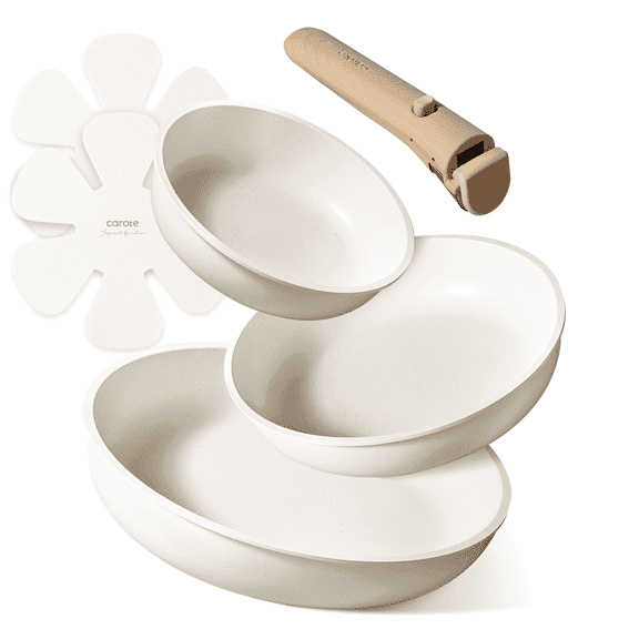 Carote 6-Piece Nonstick Frying Pan Set with Removable Handle, Oven Safe, Stackable Kitchen Cooking Set, Induction Cookware, White