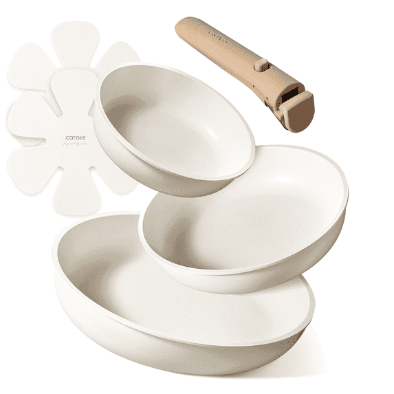 Carote 6-Piece Nonstick Frying Pan Set with Removable Handle, Oven Safe, Stackable Kitchen Cooking Set, Induction Cookware, White