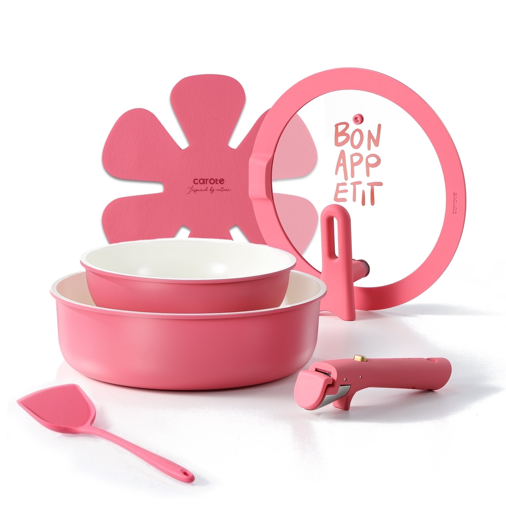 Carote 6 Pcs Ceramic Nonstick Pot and Pan Set, Nonstick Cookware Set with Lid & Detachable Handle, Oven Safe, Induction Ready, Stackable, Rose Pink