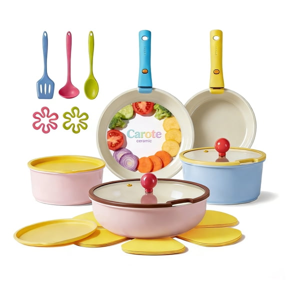 Carote 20 Pcs Ceramic Nonstick Cookware Set, Pots and Pans with Detachable Handles, Oven/Dishwasher Safe, Stackable Kitchen Cooking Set, Colorful