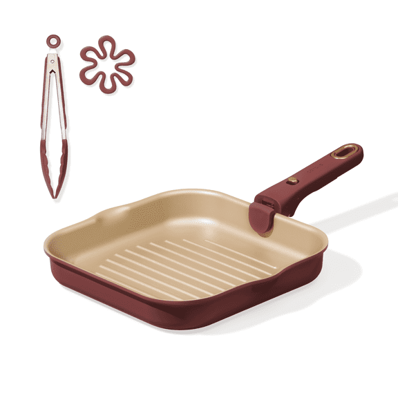 Carote 4 Pcs Nonstick Pan Set, Nonstick Grill Pan for Steak with Detachable Handle, Oven Safe, Induction Cookware, Stackable Kitchen Set, Red