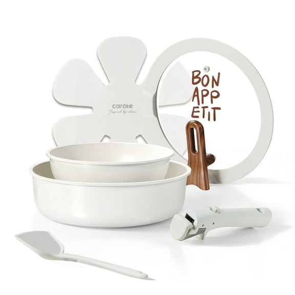 Carote 6 Pcs Ceramic Nonstick Pot and Pan Set, Nonstick Cookware Set with Lid & Detachable Handle, Oven Safe, Induction Ready, Stackable, Cream White