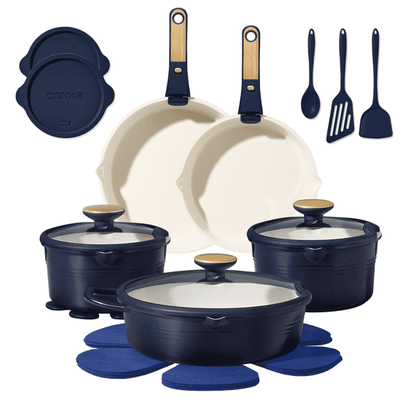 Carote 22 Pcs Ceramic Cookware Set, Pots and Pans Set with Detachable Handles, Oven Safe, Induction Cookware, Stackable Kitchen Cooking Set, Blue