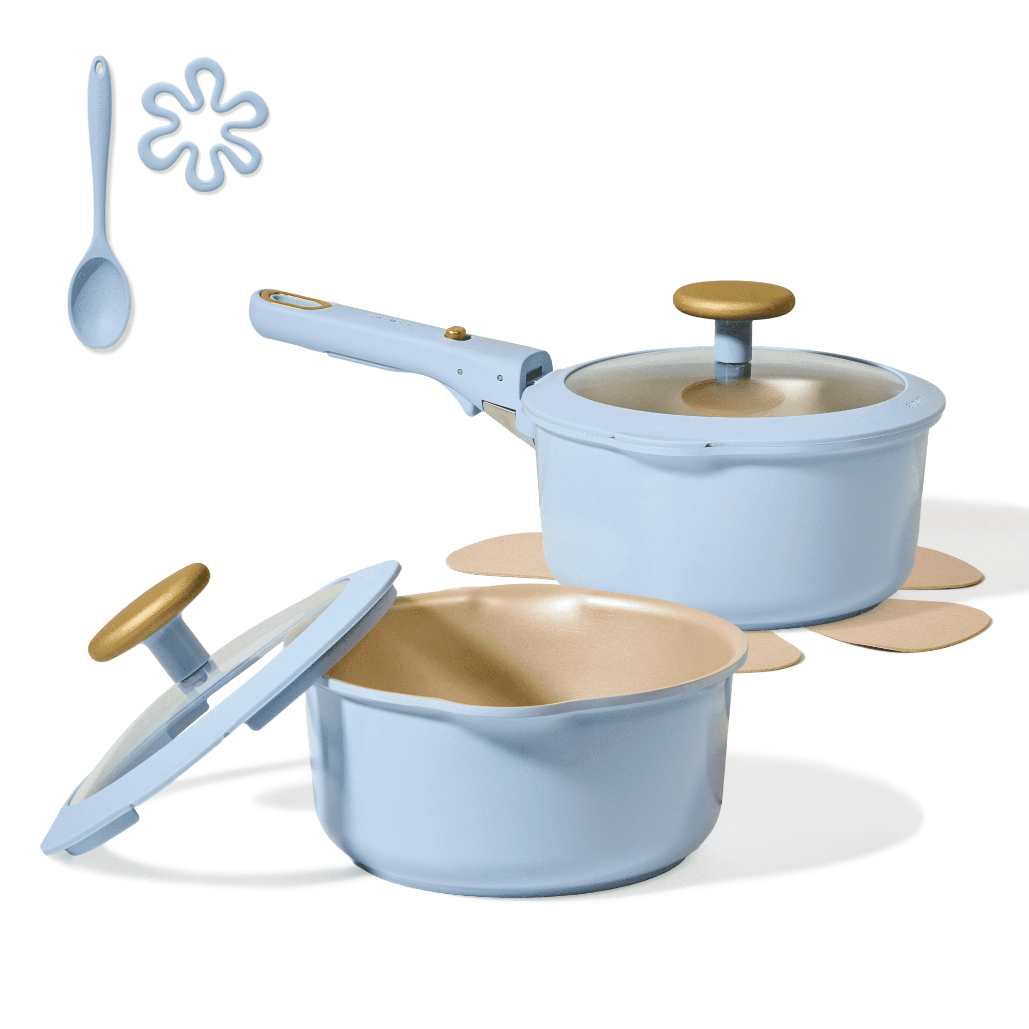 Carote 8 Pcs Nonstick Pots Set w/Lids & Detachable Handle, 2QT & 3QT Saucepans w/Pour Spout, Dishwasher Safe, Oven/Induction Compatible Cookware, Blue