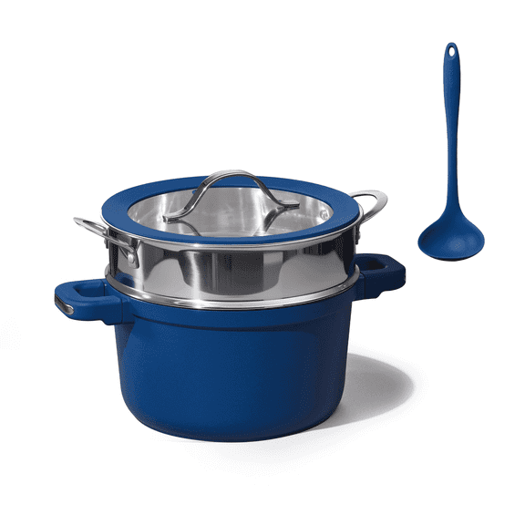 Carote 4 Pcs 5.5QT Nonstick Stock Pot Set with Steamer & Soup Ladle, Anti-Scald, Induction Cookware, Stackable Kitchen Set, Blue