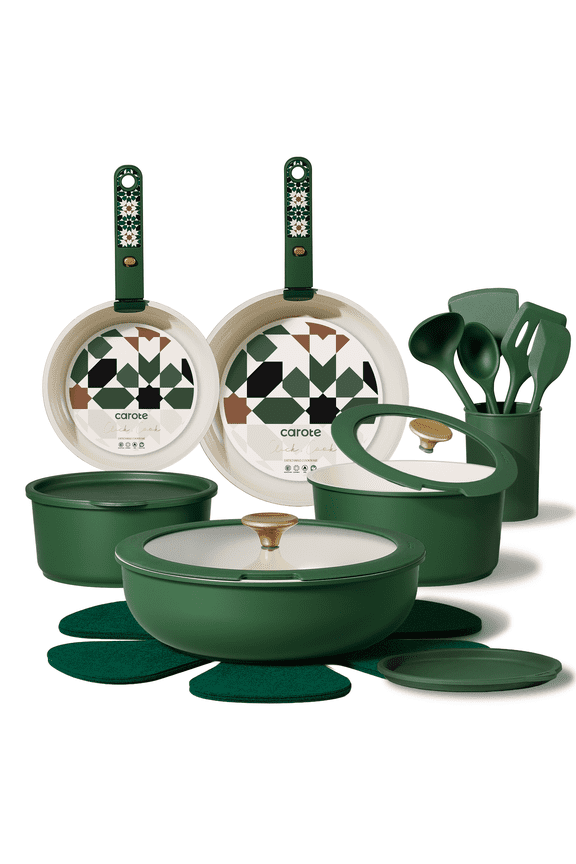 21 Pcs Nonstick Cookware Set, Pots and Pans with Detachable Handles, Oven Safe, Induction Cookware, Stackable Kitchen Cooking Set, Green