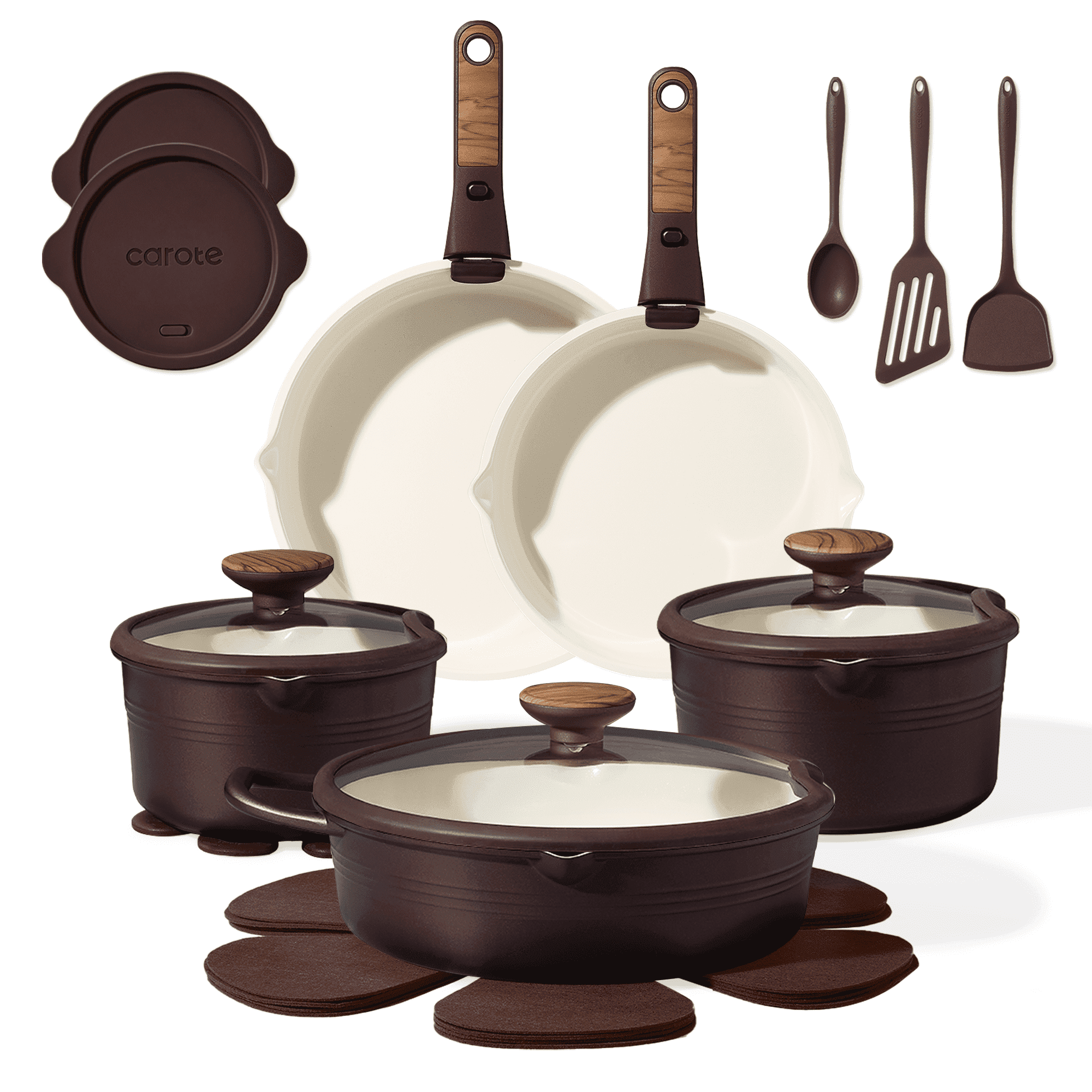 Carote 22 Pcs Ceramic Cookware Set, Pots and Pans with Detachable Handles, Oven Safe, Induction Cookware, Stackable Kitchen Cooking Set, Brown
