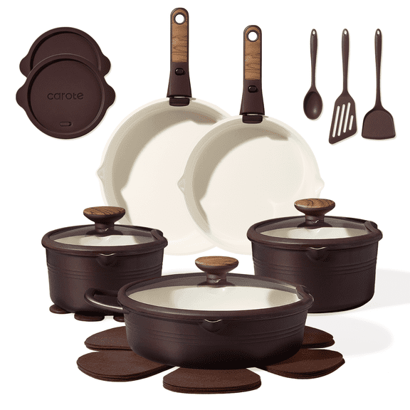 Carote 22 Pcs Ceramic Cookware Set, Pots and Pans with Detachable Handles, Oven Safe, Induction Cookware, Stackable Kitchen Cooking Set, Brown