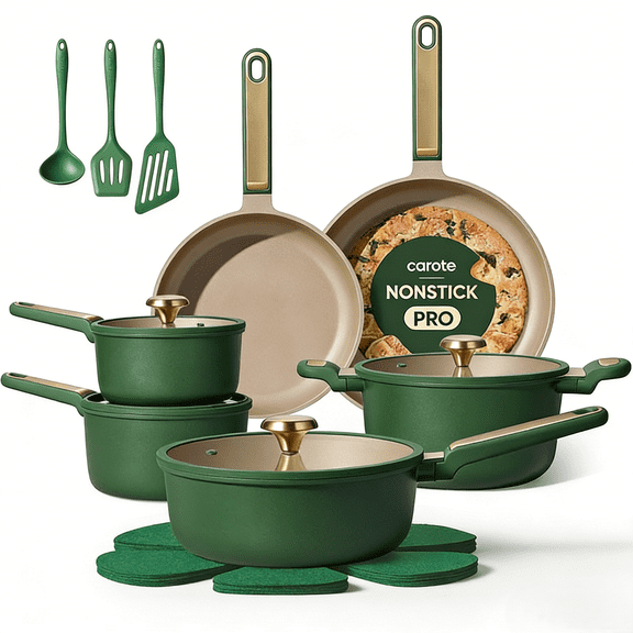 Carote 18-Piece Pots and Pans Set, Nonstick Cookware with Lids, Induction Compatible, Kitchen Cooking Set with Utensils & Protectors, Green