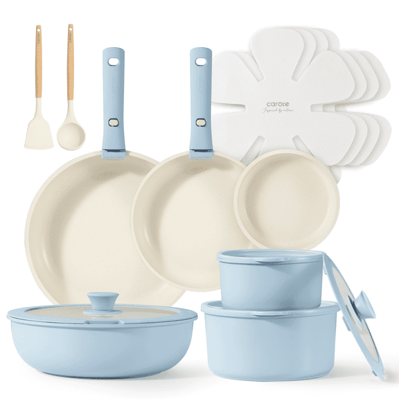 Carote 18 Pcs Nonstick Cookware Set, Pots and Pans with Detachable Handles, Dishwasher/Oven Safe, Induction Compatible, Stackable Kitchen Cookware, Blue