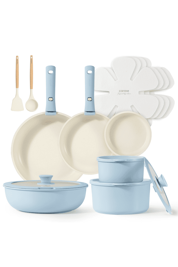 18 Pcs Nonstick Cookware Set, Pots and Pans with Detachable Handles, Dishwasher/Oven Safe, Induction Compatible, Stackable Kitchen Cookware, Blue