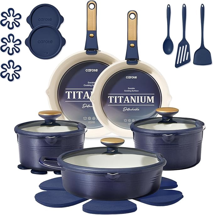Carote 22 Pcs Ceramic Cookware Set, Pots and Pans Set with Detachable Handles, Oven Safe, Induction Cookware, Stackable Kitchen Cooking Set, Blue