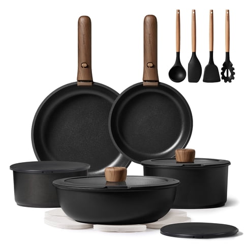 Carote 19-Piece Nonstick Cookware Sets, Granite Non Stick Pots and Pans with Removable Handles, Oven Safe, Induction Compatible, Black