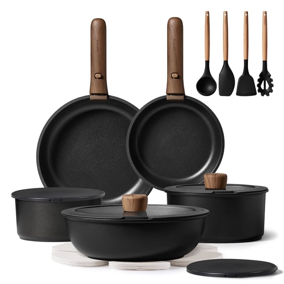 Carote 19-Piece Nonstick Cookware Sets, Granite Non Stick Pots and Pans with Removable Handles, Oven Safe, Induction Compatible, Black