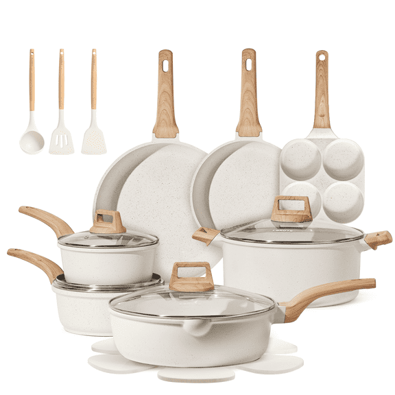 Carote 19 Pcs Nonstick Cookware Sets, Granite Pots and Pans Set Non Stick, White