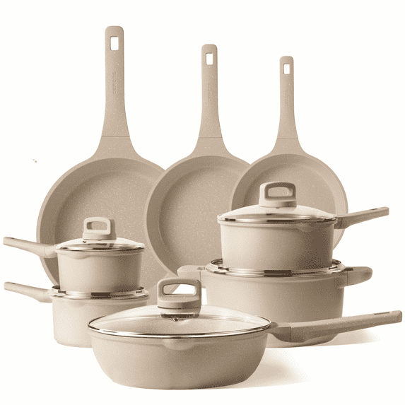 Carote 13-Piece Nonstick Cookware Sets, Non Stick Pots and Pans Set, Induction Cookware, Taupe