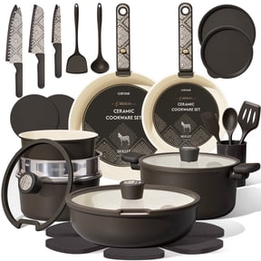 CAROTE 33-Pieces Ceramic Cookware Set, Nonstick Pots and Pans with Detachable Handles and Lids, Induction Compatible, Diswasher Safe, Black