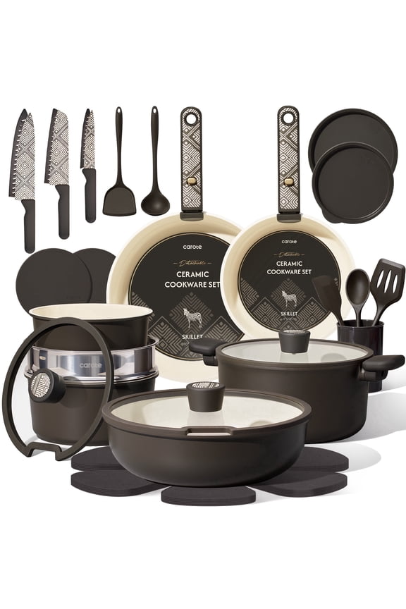 33-Pieces Ceramic Cookware Set, Nonstick Pots and Pans with Detachable Handles and Lids, Induction Compatible, Diswasher Safe, Black