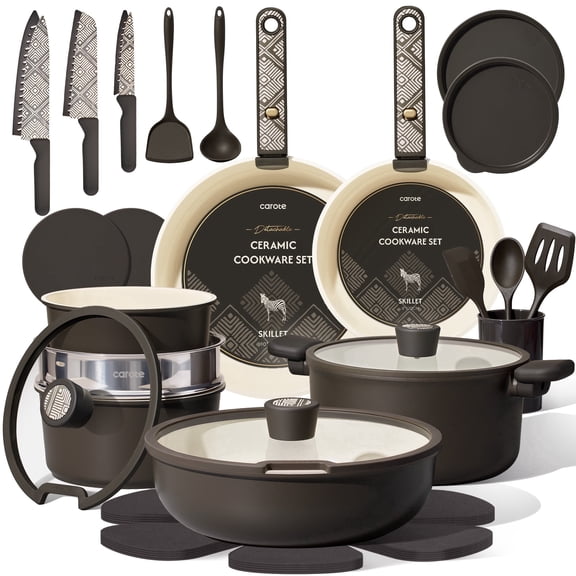 CAROTE 33-Pieces Ceramic Cookware Set, Nonstick Pots and Pans with Detachable Handles and Lids, Induction Compatible, Diswasher Safe, Black