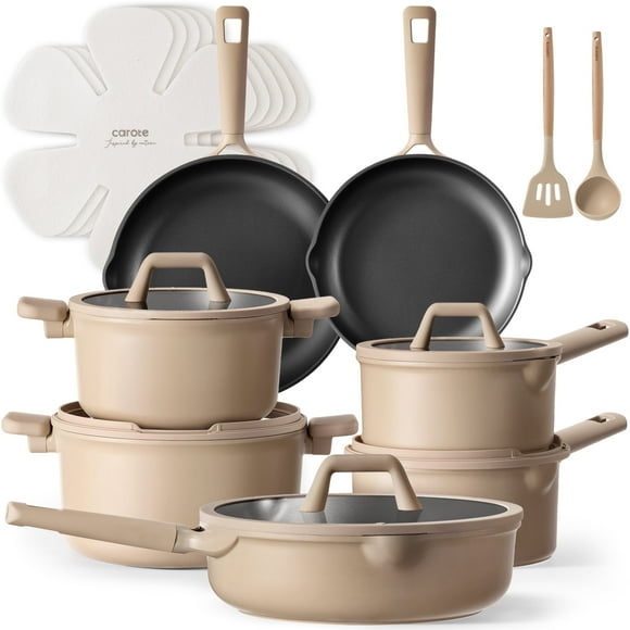 Carote 18 Pcs Nonstick Cookware Sets, Non Stick Pots and Pans Set, Induction Cookware, Taupe