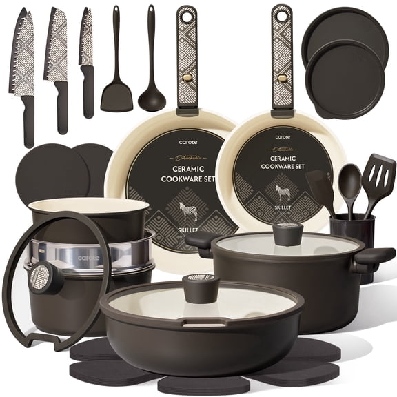 CAROTE 33-Pieces Nonstick Cookware Set, Ceramic Pots and Pans with Detachable Handles and Lids, Induction Compatible, Diswasher Safe, Black