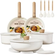 Carote 19 Pcs Nonstick Cookware Sets, Pots and Pans Set with Detachable Handles, Oven Safe, Induction Cookware, Stackable Kitchen Cooking Set, White