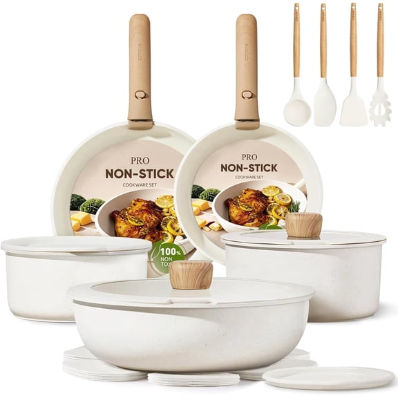 Carote 19 Pcs Nonstick Cookware Sets, Pots and Pans Set with Detachable Handles, Oven Safe, Induction Cookware, Stackable Kitchen Cooking Set, White