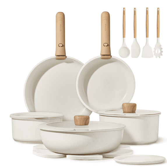 Carote 19 Pcs Nonstick Cookware Sets, Pots and Pans Set with Detachable Handles, Oven Safe, Induction Cookware, Stackable Kitchen Cooking Set, White