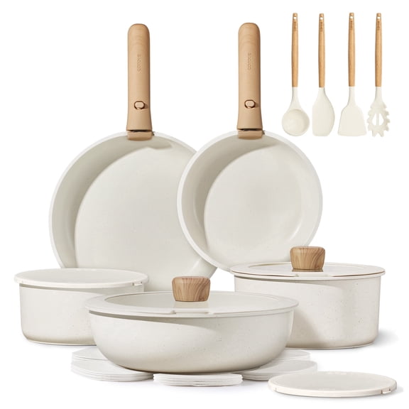 Carote 19-Piece Nonstick Cookware Sets, Granite Non Stick Pots and Pans with Removable Handles, Oven Safe, Induction Compatible, Cream White