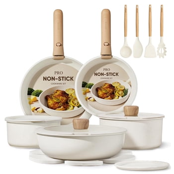 Carote 19-Piece Nonstick Cookware Sets, Granite Non Stick Pots and Pans with Removable Handles, Oven Safe, Induction Compatible, Cream White