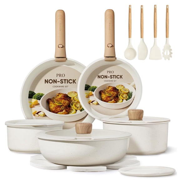 Carote 19-Piece Nonstick Cookware Sets, Granite Non Stick Pots and Pans with Removable Handles, Oven Safe, Induction Compatible, Cream White