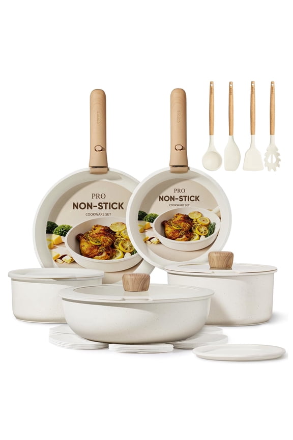 19-Piece Nonstick Cookware Sets, Granite Non Stick Pots and Pans with Removable Handles, Oven Safe, Induction Compatible, Cream White