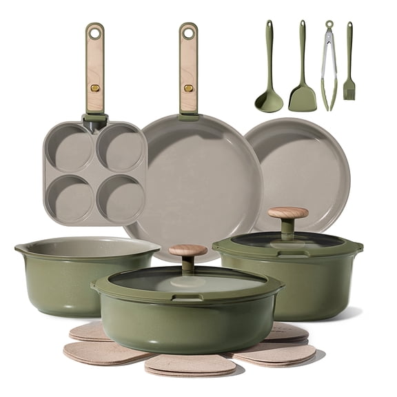 CAROTE 19-Piece Nonstick Pots and Pans Set with Detachable Handle, Induction Kitchen Cookware, Sage Green