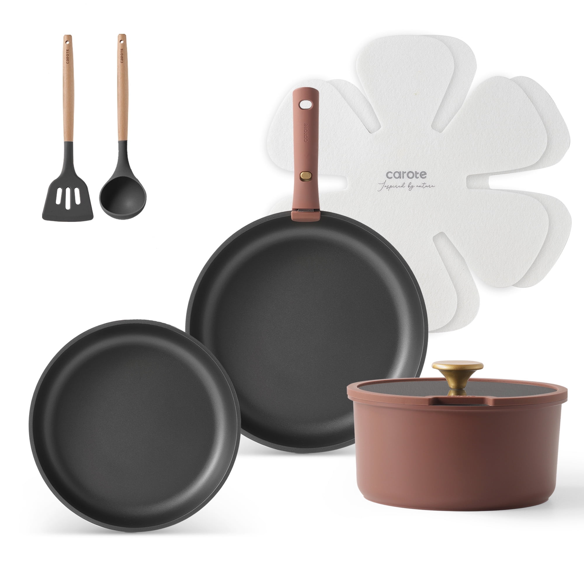 Carote 10 Pcs Nonstick Cookware Sets, Pots and Pans Set with Detachable Handle, Burgandy