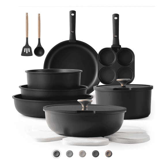 Carote 20 Pcs Nonstick Cookware Sets, Pots and Pans Set with Detachable Handle, Grey
