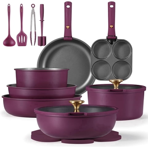 CAROTE 20-Piece Nonstick Cookware Sets, Pots and Pans Set with Detachable Handles, Oven Safe, Induction Cookware, Stackable Kitchen Cooking Set, Ultra Violet
