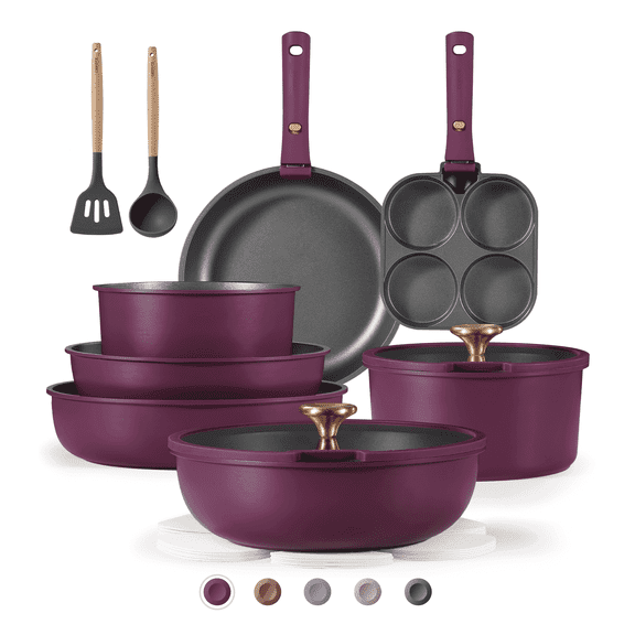 Carote 20 Pcs Nonstick Cookware Sets, Pots and Pans Set with Detachable Handle, Ultra Violet