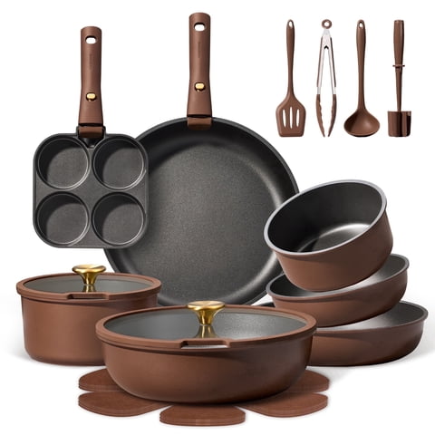 CAROTE 21 Pcs Nonstick Cookware Sets, Pots and Pans Set with Detachable Handles, Oven Safe, Induction Cookware, Stackable Kitchen Cooking Set, Brown