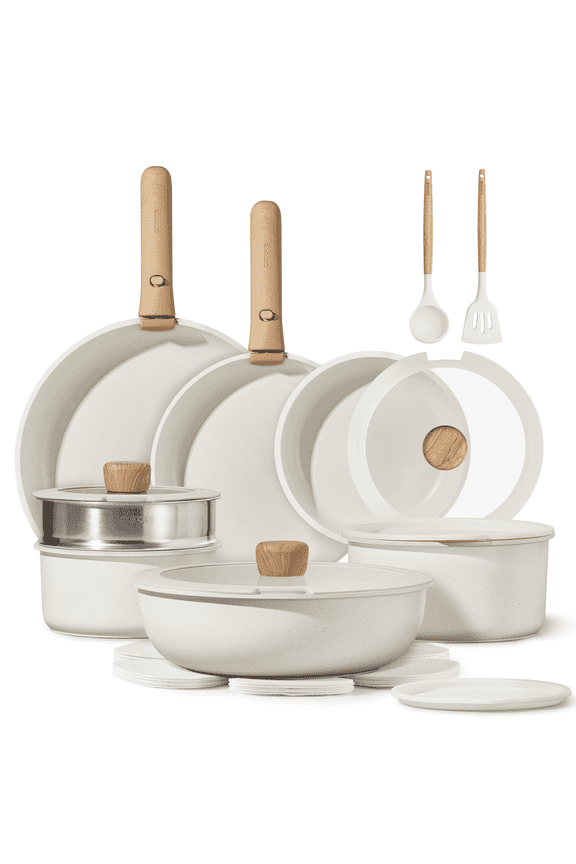 21 Pcs Nonstick Cookware Set, Pots and Pans Set with Detachable Handles, Oven/Dishwasher Safe, Stackable Kitchen Cooking Set, White Granite.