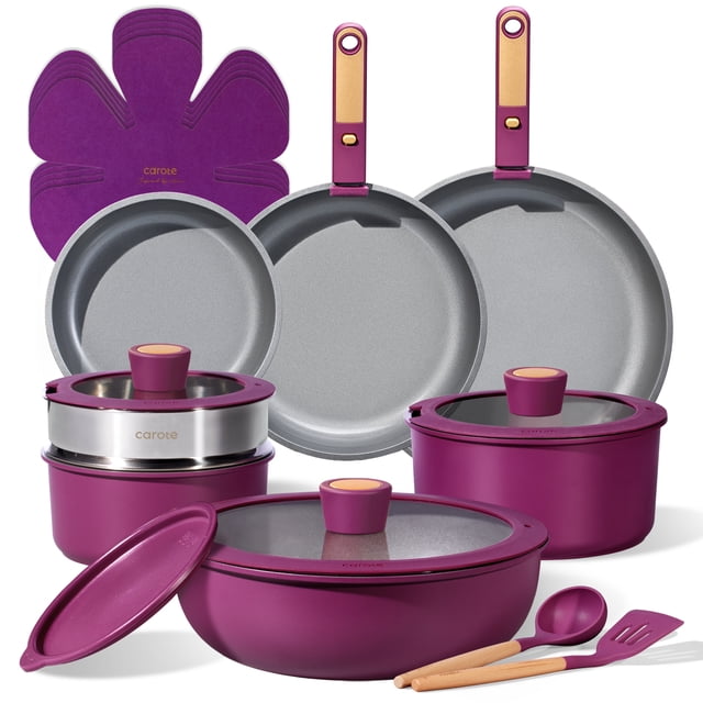 CAROTE 21 Piece Ceramic Detachable Cookware Set, Non-Stick Pots and Pans with Lids, Induction Compatible, Oven Safe, Dishwasher Safe, Purple