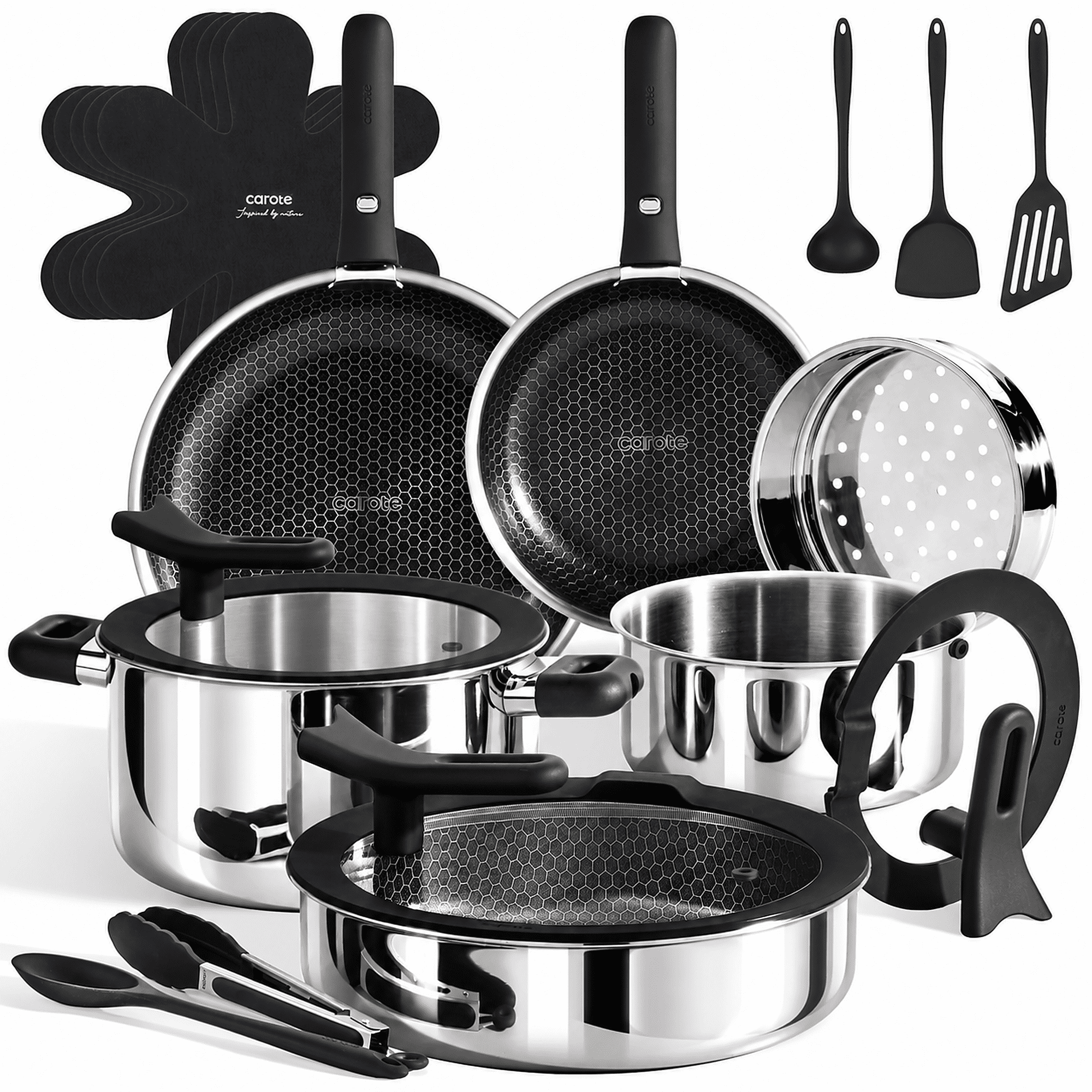CAROTE 21 Piece Detachable Stainless Steel Cookware Set, Non-Stick Hybrid Ceramic Pots and Pans, Induction Compatible