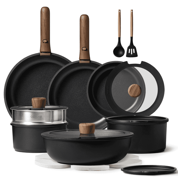 Carote 21 Pieces Nonstick Cookware Set, Pots and Pans Set with Detachable Handles, Oven Safe, Stackable Kitchen Cooking Set, Black