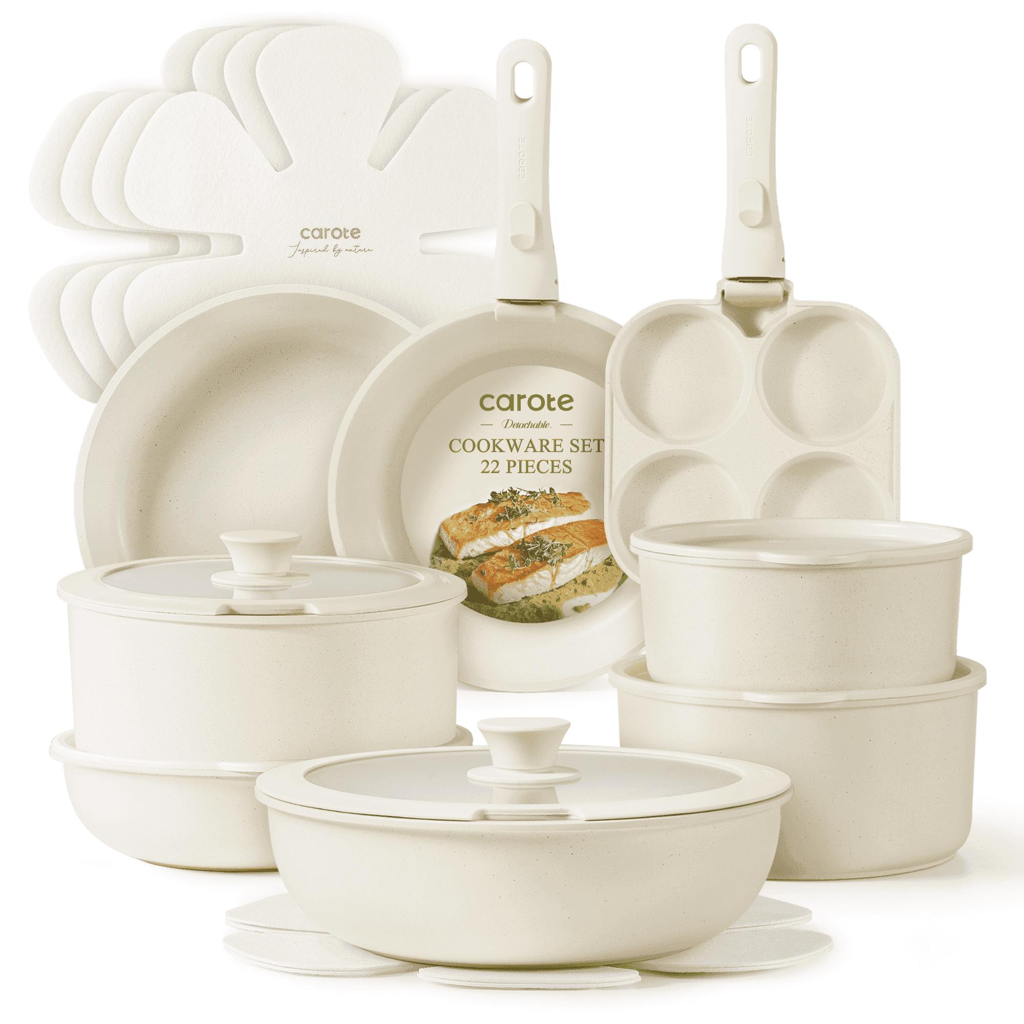 Walmart Deal of Carote 22pcs Nonstick Cookware Set, Detachable Handle, Cream White, Oven Safe, For RV