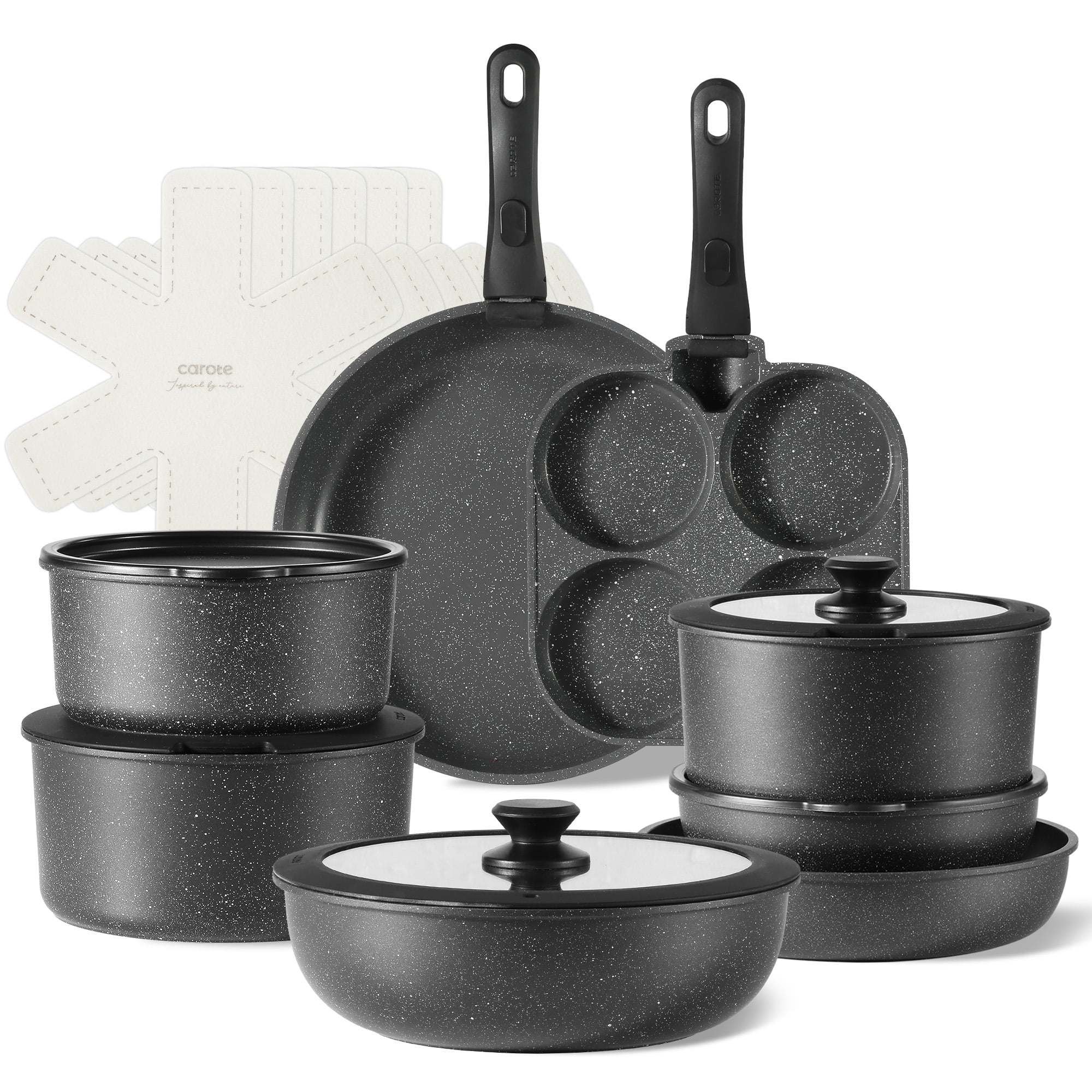Carote 4 Pcs Nonstick Cookware Set with Detachable Handle, Induction Kitchen Sets Non Stick, Black
