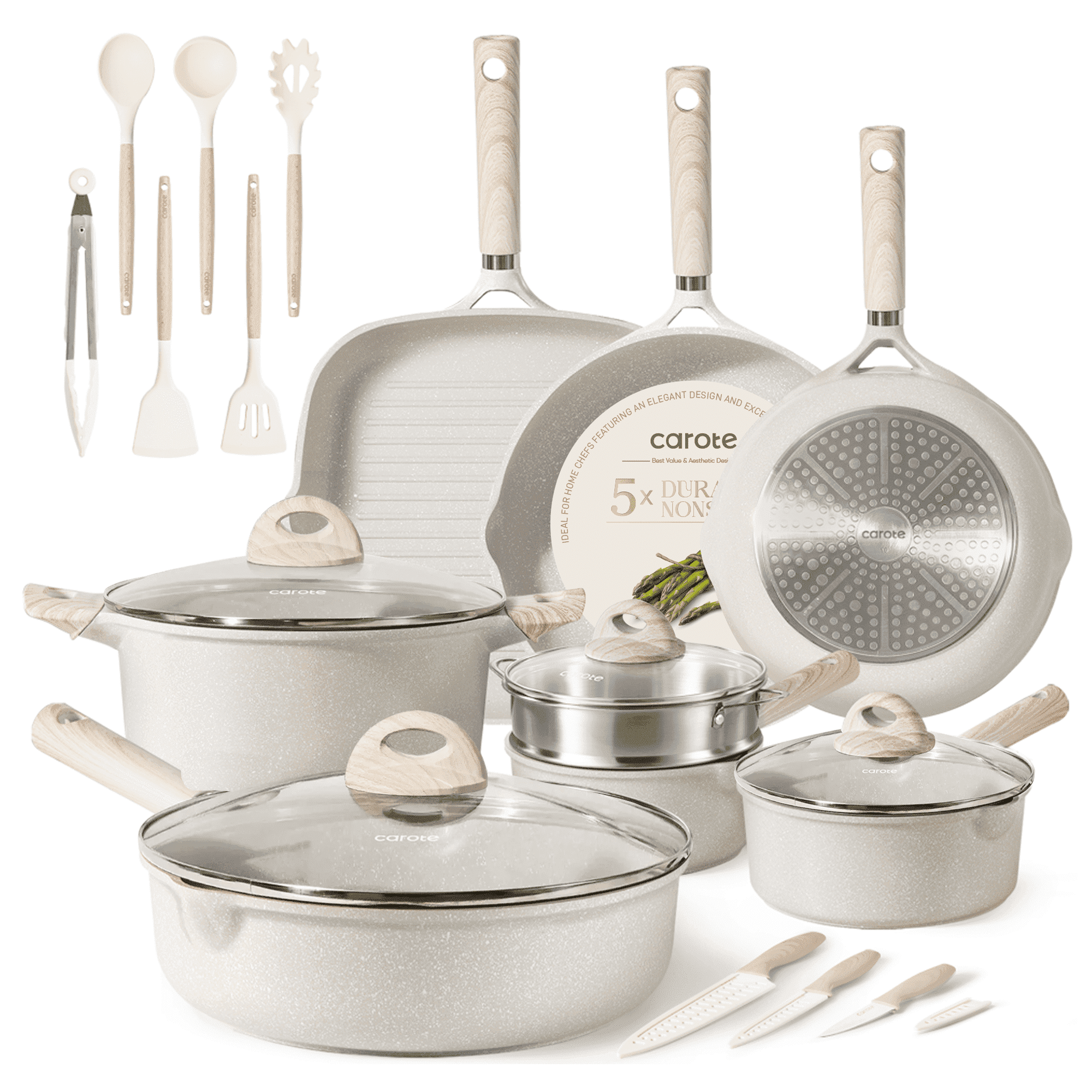Carote 24Pcs Nonstick Pots and Pans, Non Stick Cookware Set with Knife and Cooking Utensil, Beige