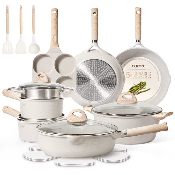 Carote 21pcs Pots and Pans Set Non Stick, Cookware Set Induction Ready, Kitchen Cooking Set, Beige