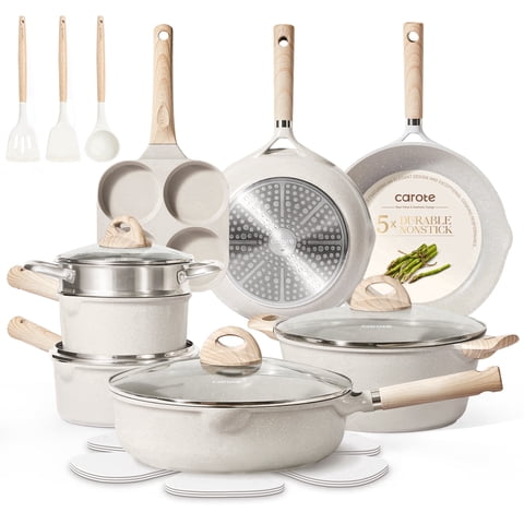 CAROTE 21 PCS Pots and Pans Set Non Stick, Cookware Set Induction Ready, Kitchen Cooking Set, Beige