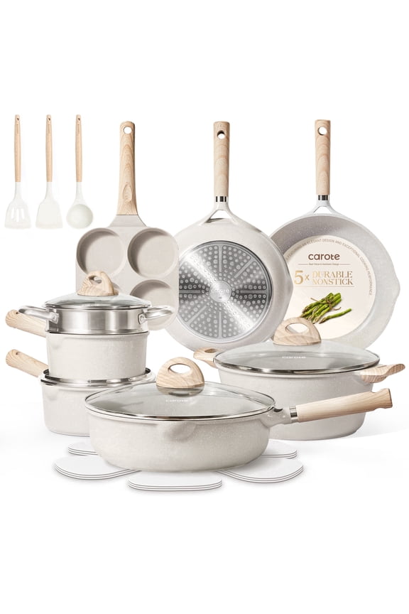 21 PCS Pots and Pans Set Non Stick, Cookware Set Induction Ready, Kitchen Cooking Set, Beige